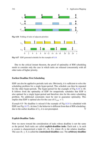316 6 Application Mapping
Fig. 6.16 Folding of tasks of adjacent priorities
Fig. 6.17 EDF generated schedule for the example of 6.14
Due to the critical instant theorem, the proof of optimality of RM scheduling
needs to consider only the case in which tasks are released concurrently with all
other tasks of higher priority.
Earliest Deadline First Scheduling
EDF can also be applied to periodic task sets. Obviously, it is sufficient to solve the
scheduling problem for a single hyper-period. This schedule can then be repeated
for the other hyper-periods. The hyper-period for the example of Fig. 6.14 is 40.
It follows from the optimality of EDF for nonperiodic schedules that EDF is
also optimal for a single hyper-period and therefore also for the entire scheduling
problem. No additional constraints must be met to guarantee optimality. This
implies that EDF is optimal also for the case of Usum = 1.
Example 6.9 No deadline is missed if the example of Fig. 6.14 is scheduled with
EDF (see Fig. 6.17). At time 5, the behavior is different from that of RM scheduling:
due to the earlier deadline of τ2, it is not preempted. ∇
Explicit-Deadline Tasks
Now we move toward the consideration of tasks whose deadline is not the same
as the period. Such tasks are called explicit-deadline tasks. Each task τi in such
a system is characterized a triple (Ci, Di, Ti), where Di is the relative deadline.
The case Di ≤ Ti is called the constrained-deadline case. The arbitrary-deadline
 