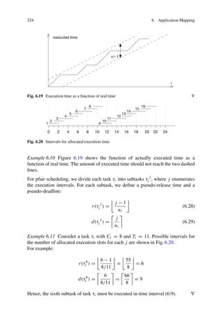 324 6 Application Mapping
+/- 1
executed time
t
Fig. 6.19 Execution time as a function of real time ∇
16
15
14
13
12
11
10
9
8
7
6
5
4
3
2
1
0 2 4 6 8 0
1 2
1 4
1 6
1 8
1 0
2 2
2 4
2
Fig. 6.20 Intervals for allocated execution time
Example 6.10 Figure 6.19 shows the function of actually executed time as a
function of real time. The amount of executed time should not reach the two dashed
lines.
For pfair scheduling, we divide each task τi into subtasks τ
j
i , where j enumerates
the execution intervals. For each subtask, we define a pseudo-release time and a
pseudo-deadline:
r(τ
j
i ) =

j − 1
ui

(6.28)
d(τ
j
i ) =

j
ui

(6.29)
Example 6.11 Consider a task τi with Ci = 8 and Ti = 11. Possible intervals for
the number of allocated execution slots for each j are shown in Fig. 6.20.
For example:
r(τ6
i ) =

6 − 1
8/11

=

55
8

= 6
d(τ6
i ) =

6
8/11

=

66
8

= 9
Hence, the sixth subtask of task τi must be executed in time interval (6:9). ∇
 