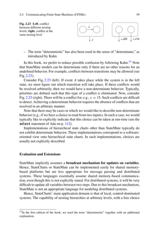 2.4 Communicating Finite State Machines (CFSMs) 59
Fig. 2.23 Left, conflict
between different nesting
levels; right, conflict at the
same nesting level
A
A 10
20 x
x
– The term “deterministic” has also been used in the sense of “determinate,” as
introduced by Kahn.
In this book, we prefer to reduce possible confusion by following Kahn.15 Note
that StateMate models can be determinate only if there are no other reasons for an
undefined behavior. For example, conflicts between transitions may be allowed (see
Fig. 2.23).
Consider Fig. 2.23 (left). If event A takes place while the system is in the left
state, we must figure out which transition will take place. If these conflicts would
be resolved arbitrarily, then we would have a non-determinate behavior. Typically,
priorities are defined such that this type of a conflict is eliminated. Now, consider
Fig. 2.23 (right). There will be a conflict for, e.g., x = 15. Such conflicts are difficult
to detect. Achieving a determinate behavior requires the absence of conflicts that are
resolved in an arbitrary manner.
Note that there may be cases in which we would like to describe non-determinate
behavior (e.g., if we have a choice to read from two inputs). In such a case, we would
typically like to explicitly indicate that this choice can be taken at run-time (see the
select statement of Ada on p. 112).
Implementations of hierarchical state charts other than StateMate typically do
not exhibit determinate behavior. These implementations correspond to a software-
oriented view onto hierarchical state charts. In such implementations, choices are
usually not explicitly described.
Evaluation and Extensions
StateMate implicitly assumes a broadcast mechanism for updates on variables.
Hence, StateCharts or StateMate can be implemented easily for shared memory-
based platforms but are less appropriate for message passing and distributed
systems. These languages essentially assume shared memory-based communica-
tion, even though this is not explicitly stated. For distributed systems, it will be very
difficult to update all variables between two steps. Due to this broadcast mechanism,
StateMate is not an appropriate language for modeling distributed systems.
Hence, StateCharts’ main application domain is that of local, control-dominated
systems. The capability of nesting hierarchies at arbitrary levels, with a free choice
15In the first edition of the book, we used the term “deterministic” together with an additional
explanation.
 