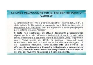 LE LINEE PEDAGOGICHE PER IL SISTEMA INTEGRATO
“ZEROSEI”
Ai sensi dell’articolo 10 del Decreto Legislativo 13 aprile 2017, n. 54, è
stata istituita la Commissione nazionale per il Sistema integrato di
educazione e di istruzione, che ha approvato le Linee pedagogiche
per il sistema integrato “zerosei”
Il testo non sostituisce gli attuali documenti programmatici
vigenti per la scuola dell’infanzia (le Indicazioni per il curricolo della
scuola dell’infanzia e del primo ciclo di istruzione, 2012, aggiornate
con i Nuovi scenari del 2018), né anticipa i contenuti degli
Orientamenti educativi nazionali per lo 0-3, che saranno oggetto di
un successivo intervento, bensì rappresenta una cornice di
riferimento pedagogico e il quadro istituzionale e organizzativo
in cui si colloca il sistema educativo integrato dalla nascita fino ai
sei anni per favorirne lo sviluppo e il consolidamento.
 