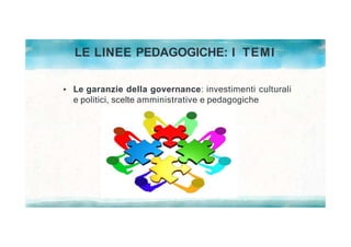 LE LINEE PEDAGOGICHE: I TEMI
Le garanzie della governance: investimenti culturali
e politici, scelte amministrative e pedagogiche
 