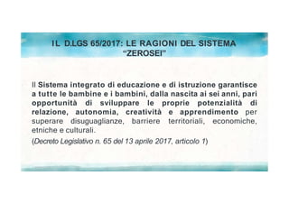 IL D.LGS 65/2017: LE RAGIONI DEL SISTEMA
“ZEROSEI”
Il Sistema integrato di educazione e di istruzione garantisce
a tutte le bambine e i bambini, dalla nascita ai sei anni, pari
opportunità di sviluppare le proprie potenzialità di
relazione, autonomia, creatività e apprendimento per
superare disuguaglianze, barriere territoriali, economiche,
etniche e culturali.
(Decreto Legislativo n. 65 del 13 aprile 2017, articolo 1)
 