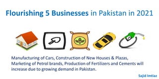 Flourishing 5 Businesses in Pakistan in 2021
Manufacturing of Cars, Construction of New Houses & Plazas,
Marketing of Petrol brands, Production of Fertilizers and Cements will
increase due to growing demand in Pakistan.
Sajid Imtiaz
 