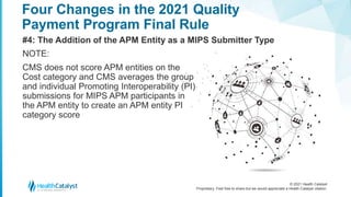© 2021 Health Catalyst
Proprietary. Feel free to share but we would appreciate a Health Catalyst citation.
Four Changes in the 2021 Quality
Payment Program Final Rule
#4: The Addition of the APM Entity as a MIPS Submitter Type
NOTE:
CMS does not score APM entities on the
Cost category and CMS averages the group
and individual Promoting Interoperability (PI)
submissions for MIPS APM participants in
the APM entity to create an APM entity PI
category score
 