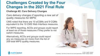© 2021 Health Catalyst
Proprietary. Feel free to share but we would appreciate a Health Catalyst citation.
Challenges Created by the Four
Changes in the 2021 Final Rule
Challenge #2: Care Delivery Changes
Care delivery changes if reporting a new set of
quality measures for MIPS:
CMS noted that there are 10 eCQMs and 9 CQMs
equivalent to the 10 CMS Web Interface measures.
For MIPS reporting, ACOs and groups could report
at least six of those measures if they prefer to not
switch measures.
Alternatively, ACOs and groups could report
any six measures (or more) from the list of
209 total MIPS quality measures.
 