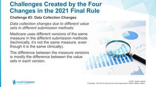 © 2021 Health Catalyst
Proprietary. Feel free to share but we would appreciate a Health Catalyst citation.
Challenges Created by the Four
Changes in the 2021 Final Rule
Challenge #3: Data Collection Changes
Data collection changes due to different value
sets in different submission methods:
Medicare uses different versions of the same
measure in the different submission methods
(technically, it’s not the same measure, even
though it is the same clinically).
The difference between the measure versions
is mostly the difference between the value
sets in each version.
 