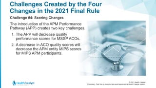 © 2021 Health Catalyst
Proprietary. Feel free to share but we would appreciate a Health Catalyst citation.
Challenges Created by the Four
Changes in the 2021 Final Rule
Challenge #4: Scoring Changes
The introduction of the APM Performance
Pathway (APP) creates two key challenges.
1. The APP will decrease quality
performance scores for MSSP ACOs.
2. A decrease in ACO quality scores will
decrease the APM entity MIPS scores
for MIPS APM participants.
 