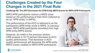 © 2021 Health Catalyst
Proprietary. Feel free to share but we would appreciate a Health Catalyst citation.
Challenges Created by the Four
Changes in the 2021 Final Rule
Challenge #6: The APP Decreases the APM Entity MIPS Scores for MIPS APM Participants
MIPS APM participants receive a MIPS score
based on the performance of their ACO (referred to
as an “APM entity” in MIPS).
The performance of the ACO is referred to as the
participant’s APM entity score in MIPS. In previous
years, MIPS APM participants benefited from high
APM entity MIPS scores.
However, as noted in the previous section,
CMS projects a 10-15 percent decrease to ACO
quality performance. That decrease in ACO
quality performance will decrease the APM entity
MIPS scores credited to MIPS APM participants.
 