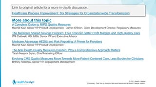 © 2021 Health Catalyst
Proprietary. Feel free to share but we would appreciate a Health Catalyst citation.
More about this topic
Link to original article for a more in-depth discussion.
Healthcare Process Improvement: Six Strategies for Organizationwide Transformation
A Complete Guide to MIPS Quality Measures
Rachel Katz, Senior VP Product Development; Darren O'Brien, Client Development Director, Regulatory Measures
The Medicare Shared Savings Program: Four Tools for Better Profit Margins and High-Quality Care
Will Caldwell, MD, MBA, Senior VP and Executive Advisor
Medicare Advantage HEDIS and Risk Reporting: A Primer for Providers
Rachel Katz, Senior VP Product Development
The Able Health Quality Measures Solution: Why a Comprehensive Approach Matters
Tarah Neujahr Bryan, Chief Marketing Officer
Evolving CMS Quality Measures Move Towards More Patient-Centered Care, Less Burden for Clinicians
Britney Rosenau, Senior VP, Engagement Management
 