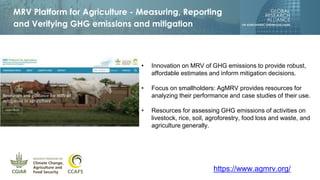 MRV Platform for Agriculture - Measuring, Reporting
and Verifying GHG emissions and mitigation
https://www.agmrv.org/
• Innovation on MRV of GHG emissions to provide robust,
affordable estimates and inform mitigation decisions.
• Focus on smallholders: AgMRV provides resources for
analyzing their performance and case studies of their use.
• Resources for assessing GHG emissions of activities on
livestock, rice, soil, agroforestry, food loss and waste, and
agriculture generally.
 