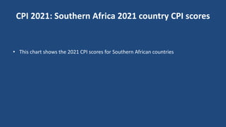 CPI 2021: Southern Africa 2021 country CPI scores
• This chart shows the 2021 CPI scores for Southern African countries
 