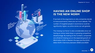 Flowprime D2C Takeover		 7
HAVING AN ONLINE SHOP
IS THE NEW NORM
If we look at the arguments on why companies decide
to have ecommerce, there are not much debate. The
number of targeted people in ecommerce could be
significantly higher, as online stores can sell globally.
The missing-out factor is also considerable since not
having an online retail shop is a growing competitive
disadvantage. By looking at the numbers, companies
are afraid of missing out on the expected growth of
€91.6 billion EUR in Western Europe and the €13.6
billion EUR in Germany between 2020 and 2024.
Click to flow
 