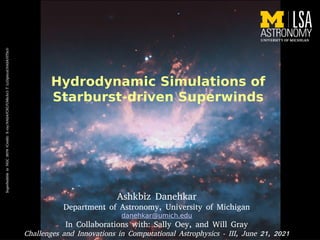 Ashkbiz Danehkar
Department of Astronomy, University of Michigan
danehkar@umich.edu
In Collaborations with: Sally Oey, and Will Gray
Challenges and Innovations in Computational Astrophysics - III, June 21, 2021
Hydrodynamic Simulations of
Starburst-driven Superwinds
Superbubble
in
NGC
3079
(Credit:
X-ray:NASA/CXC/UMich/J-T
Li;Optical:NASA/STScI)
 