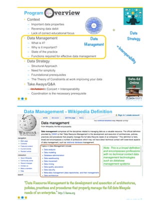 21
Program
Data
Management
+
Data
Strategy
• Context
– Important data properties
– Reversing data debit
– Lack of correct educational focus
• Data Management
– What is it?
– Why is it important?
– State of the practice
– Functions required for effective data management
• Data Strategy
– Structural Approach
– Need for simplicity
– Foundational prerequisites
– The Theory of Constraints at work improving your data
• Take Aways/Q&A
– In Action In Concert = Interoperability
– Coordination is the necessary prerequisite
© Copyright 2021 by Peter Aiken Slide #
https://plusanythingawesome.com
=
Interoperability
Data Management - Wikipedia Definition
Note: This is a broad definition
and encompasses professions
with no technical contact data
management technologies
such as database
management systems
"Data Resource Management is the development and execution of architectures,
policies, practices and procedures that properly manage the full data lifecycle
needs of an enterprise." http://dama.org
© Copyright 2021 by Peter Aiken Slide # 22
https://plusanythingawesome.com
 