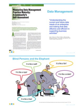 "Understanding the
current and future data
needs of an enterprise
and making that data
effective and efficient in
supporting business
activities"
Aiken, P, Allen, M. D., Parker, B., Mattia, A., "Measuring Data
Management's Maturity: A Community's Self-Assessment" IEEE
Computer (research feature April 2007)
© Copyright 2021 by Peter Aiken Slide # 29
https://plusanythingawesome.com
Data Management
"Understanding the
current and future data
needs of an enterprise
and making that data
effective and efficient in
supporting business
activities"
Blind Persons and the Elephant
© Copyright 2021 by Peter Aiken Slide # 30
https://plusanythingawesome.com
http://www.dailymirror.lk/print/opinion/editorial-we-need-to-become-channels-of-peace/172-27164
It is like a fan!
It is like a snake!
It is like a wall!
It is like a rope!
It is like a tree!
 