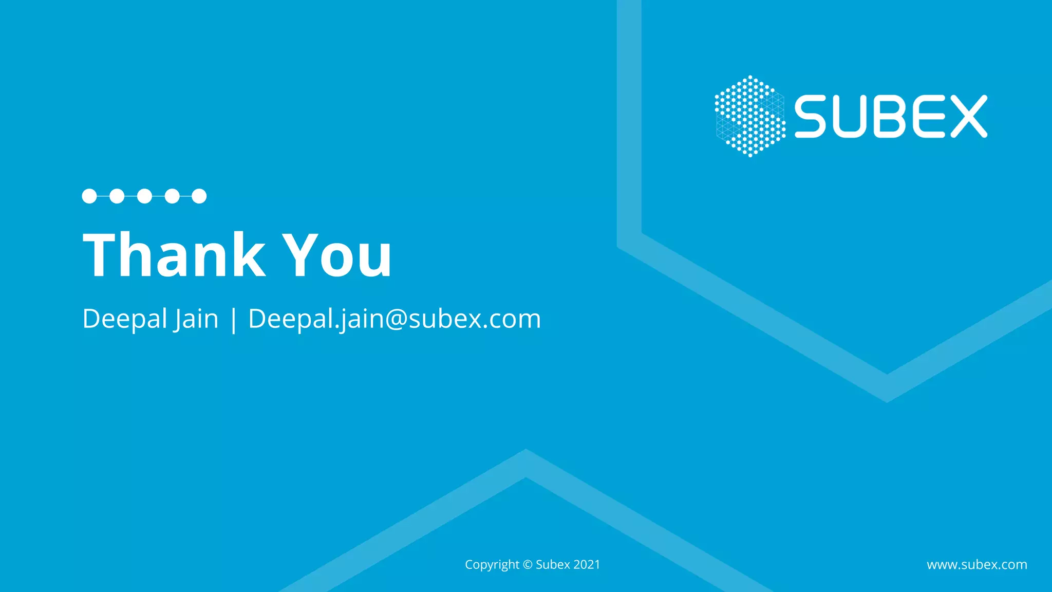 Deepal Jain | Deepal.jain@subex.com
www.subex.com
Thank You
Copyright © Subex 2021
 