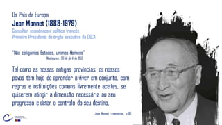 “Não coligamos Estados, unimos Homens”
Washington, 30 de abril de 1952
Os Pais da Europa
Jean Monnet (1888-1979)
Consultor económico e político francês
Primeiro Presidente do órgão executivo da CECA
Tal como as nossas antigas províncias, os nossos
povos têm hoje de aprender a viver em conjunto, com
regras e instituições comuns livremente aceites, se
quiserem atingir a dimensão necessária ao seu
progresso e deter o controlo do seu destino.
Jean Monnet – memórias, p.616
 