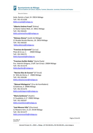 Área de Cultura
Página 35 de 49
F01-FP08_06
28/08/2019
Alameda Principal, 23 29001 Málaga TLF 951.926.051 FAX 951.926.493 www.malaga.eu
Área de Gobierno de Cultura, Deporte, Turismo, Educación, Juventud y Fomento del Empleo
Avda. Ramón y Cajal, 24 29014 Málaga
Telf.: 951 92 6106
biblio.srueda@malaga.eu
“Alberto Jiménez Fraud” (Palma)
C/ Doctor Gálvez Moll, 15 29011 Málaga
Telf.: 951 926105
biblio.ajimenezfraud@malaga.eu
“Dámaso Alonso” (Jardín de Málaga)
C/ Alcalde Nicolás Maroto, 18 29014 Málaga
Telf.: 951 926103
biblio.dalonso@malaga.eu
“Francisco de Quevedo” (La Luz)
Plaza de la Luz, 1 29004 Málaga
Telf.: 951 926173
biblio.fquevedo@malaga.eu
“Francisco Guillén Robles” (Santa Paula)
Pza. Valentín Ortigosa, 2 Edif. San Ciriaco 29004 Málaga
Telf.: 951 92 6174
biblio.fguillen@malaga.eu
“Narciso Díaz de Escovar” (El Torcal)
C/ Niño de Gloria, 2 29003 Málaga
Telf.: 951 926108
biblio.ndiazescovar@malaga.eu
“Manuel Altolaguirre” (Cruz de Humilladero)
C/Calatrava, 6 29006 Málaga
Telf.: 951 92 6176
biblio.maltolaguirre@malaga.eu
“María Zambrano” (Huelin)
C/ Guadalete, 6-1º 29002 Málaga
Telf.: 951 926107
biblio.mzambrano@malaga.eu
“José Moreno Villa” (Churriana)
C/ Maestro Vert, 21.23 29140 Málaga
Telf.: 951 92 6177
biblio.jmorenovilla@malaga.eu
 