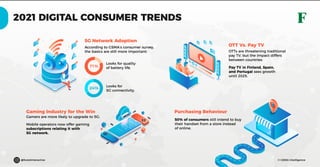 © GSMA Intelligence@forestinteractive
2021 DIGITAL CONSUMER TRENDS
71%
24%
5G Network Adoption
Gaming Industry for the Win
Gamers are more likely to upgrade to 5G:
Purchasing Behaviour
1
10
21
37
4
2
Looks for quality
of battery life.
Looks for
5G connectivity.
OTT Vs. Pay TV
OTTs are threatening traditional
pay TV, but the impact differs
between countries:
50% of consumers still intend to buy
their handset from a store instead
of online.
Mobile operators now offer gaming
subscriptions relating it with
5G network.
Pay TV in Finland, Spain,
and Portugal sees growth
until 2025.
According to GSMA’s consumer survey,
the basics are still more important:
 