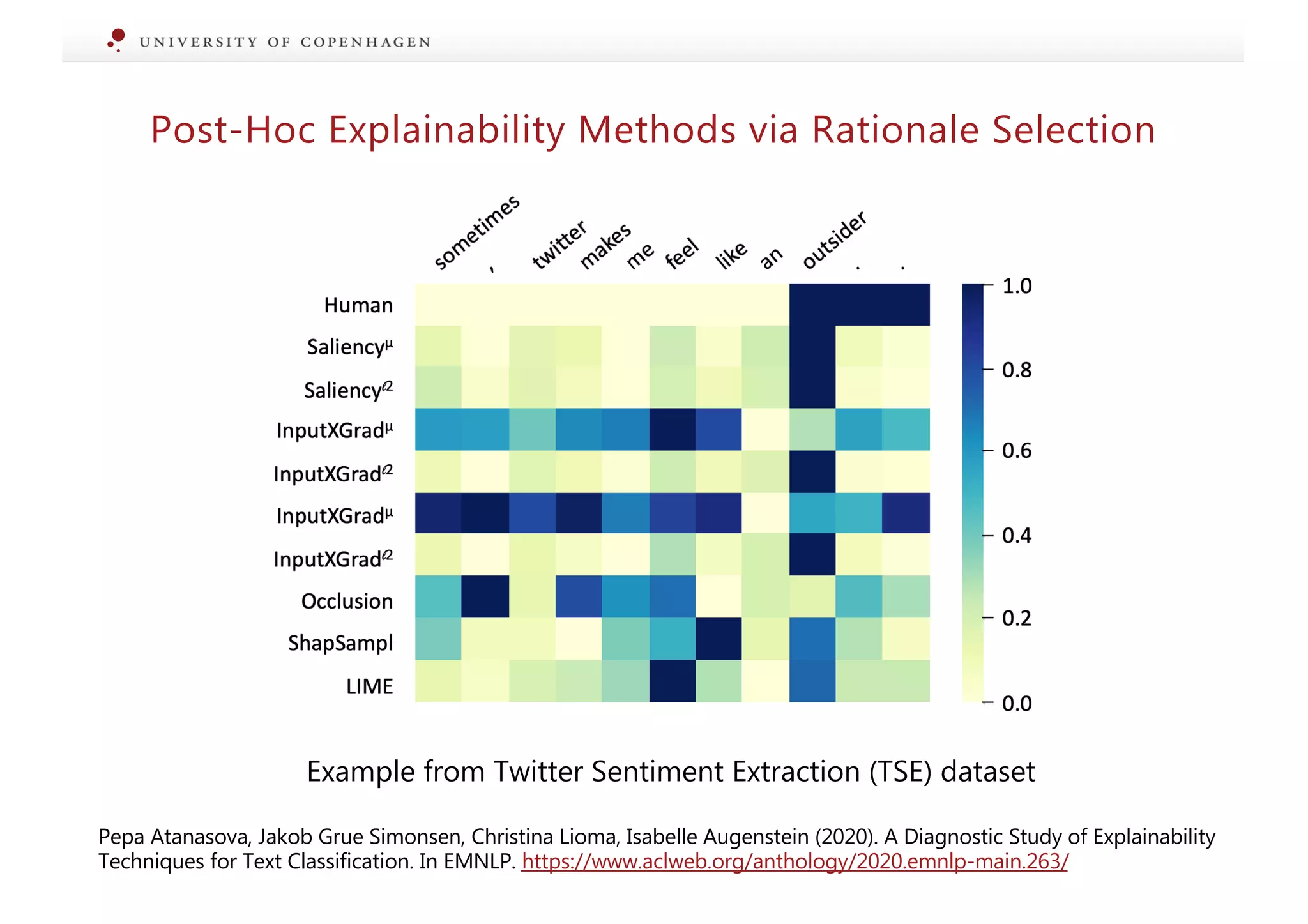 Post-Hoc Explainability Methods via Rationale Selection
Example from Twitter Sentiment Extraction (TSE) dataset
Pepa Atanasova, Jakob Grue Simonsen, Christina Lioma, Isabelle Augenstein (2020). A Diagnostic Study of Explainability
Techniques for Text Classification. In EMNLP. https://www.aclweb.org/anthology/2020.emnlp-main.263/
 