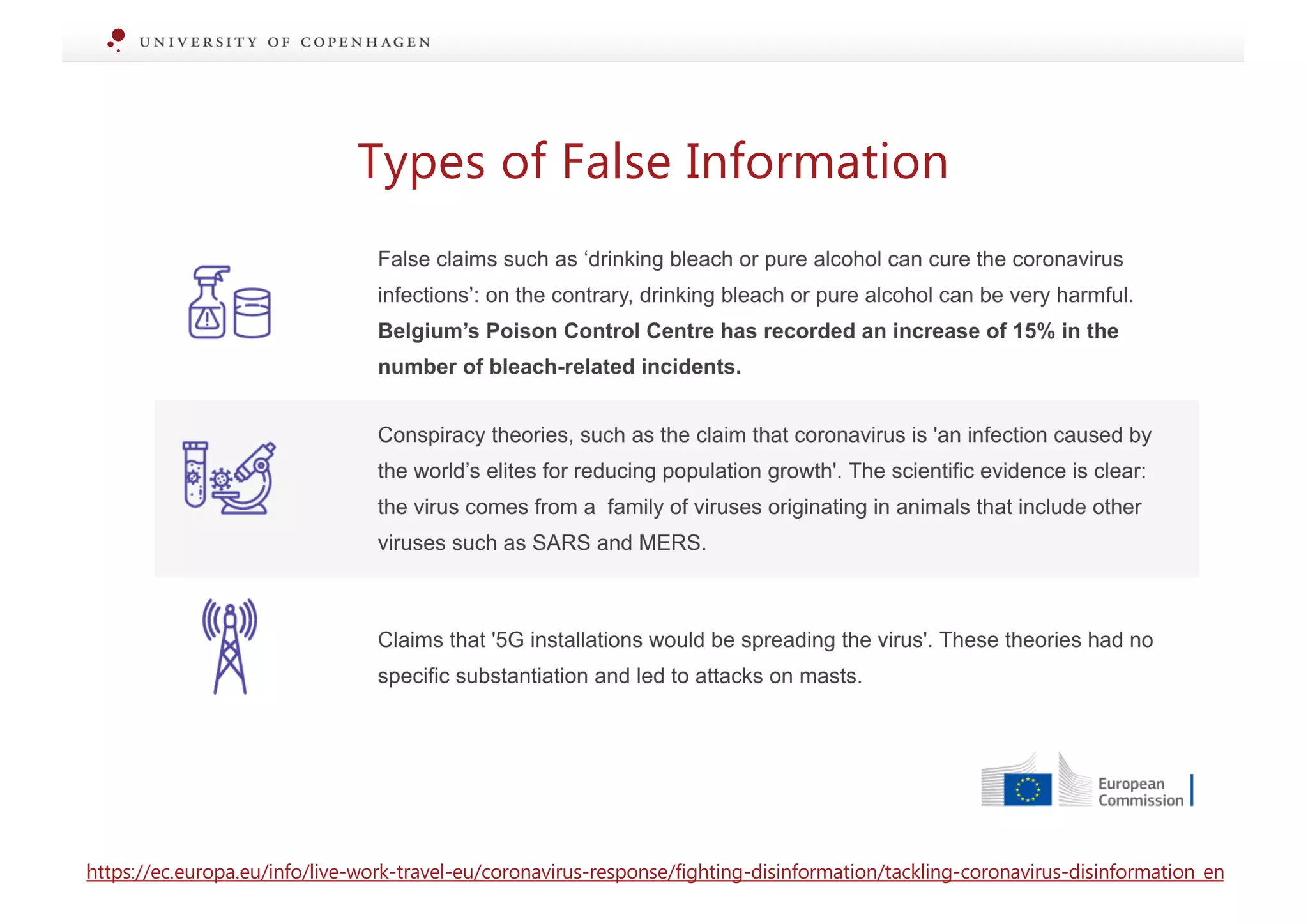 Types of False Information
https://ec.europa.eu/info/live-work-travel-eu/coronavirus-response/fighting-disinformation/tackling-coronavirus-disinformation_en
 