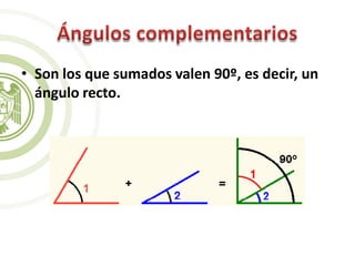 • Son los que sumados valen 90º, es decir, un
ángulo recto.
 