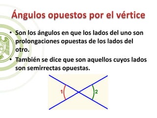 • Son los ángulos en que los lados del uno son
prolongaciones opuestas de los lados del
otro.
• También se dice que son aquellos cuyos lados
son semirrectas opuestas.
 