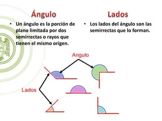• Un ángulo es la porción de
plano limitada por dos
semirrectas o rayos que
tienen el mismo origen.
• Los lados del ángulo son las
semirrectas que lo forman.
Angulo
Lados
 