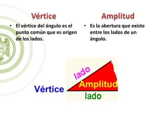 • El vértice del ángulo es el
punto común que es origen
de los lados.
• Es la abertura que existe
entre los lados de un
ángulo.
Amplitud
Vértice
 