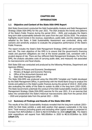 3 | P a g e
CHAPTER ONE
1.0 INTRODUCTION
1.1 Objective and Content of the State DSA-DMS Report
Ekiti State Government cond...