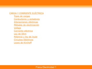 Física Electricidad 1
CARGA Y CORRIENTE ELÉCTRICA
Tipos de cargas
Conductores y aisladores
Interacciones eléctricas
Métodos de electrización
Voltaje
Corriente eléctrica
Ley de Ohm
Potencia y ley de Joule
Circuitos Eléctricos
Leyes de Kirchoff
 