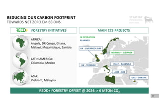 REDUCING OUR CARBON FOOTPRINT
TOWARDS NET ZERO EMISSIONS
AFRICA: 
Angola, DR Congo, Ghana, 
Malawi, Mozambique, Zambia 
FORESTRY INITIATIVES
REDD+ FORESTRY OFFSET @ 2024: > 6 MTON CO2
MAIN CCS PROJECTS
LATIN AMERICA: 
Colombia, Mexico
ASIA: 
Vietnam, Malaysia
UK ‐ LIVERPOOL BAY
NORWAY ‐ SLEIPNER
17
UK ‐ TEESSIDE ITALY ‐ RAVENNA
UAE ‐ GHASHA
LIBYA ‐ BES
PLANNED
IN OPERATION
 
