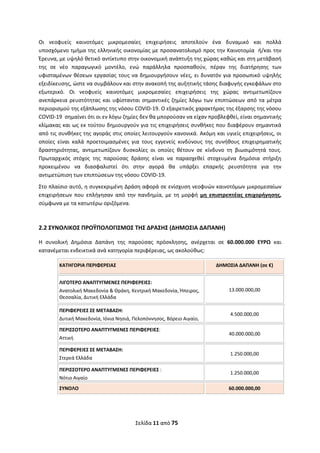 Σελίδα 11 από 75 
 
Οι  νεοφυείς  καινοτόμες  μικρομεσαίες  επιχειρήσεις  αποτελούν  ένα  δυναμικό  και  πολλά 
υποσχόμενο τμήμα της ελληνικής οικονομίας με προσανατολισμό προς την Καινοτομία  ή/και την 
Έρευνα, με υψηλό θετικό αντίκτυπο στην οικονομική ανάπτυξη της χώρας καθώς και στη μετάβασή 
της  σε  νέο  παραγωγικό  μοντέλο,  ενώ  παράλληλα  προσπαθούν,  πέραν  της  διατήρησης  των 
υφισταμένων θέσεων εργασίας τους να δημιουργήσουν νέες, ει δυνατόν για προσωπικό υψηλής 
εξειδίκευσης, ώστε να συμβάλουν και στην ανακοπή της αυξητικής τάσης διαφυγής εγκεφάλων στο 
εξωτερικό.  Οι  νεοφυείς  καινοτόμες  μικρομεσαίες  επιχειρήσεις  της  χώρας  αντιμετωπίζουν 
ανεπάρκεια ρευστότητας και υφίστανται σημαντικές ζημίες λόγω των επιπτώσεων από τα μέτρα 
περιορισμού της εξάπλωσης της νόσου COVID‐19. O εξαιρετικός χαρακτήρας της έξαρσης της νόσου 
COVID‐19  σημαίνει ότι οι εν λόγω ζημίες δεν θα μπορούσαν να είχαν προβλεφθεί, είναι σημαντικής 
κλίμακας και ως εκ τούτου δημιουργούν για τις επιχειρήσεις συνθήκες που διαφέρουν σημαντικά 
από τις συνθήκες της αγοράς στις οποίες λειτουργούν κανονικά. Ακόμη και υγιείς επιχειρήσεις, οι 
οποίες  είναι  καλά  προετοιμασμένες  για  τους  εγγενείς  κινδύνους  της  συνήθους  επιχειρηματικής 
δραστηριότητας,  αντιμετωπίζουν  δυσκολίες  οι  οποίες  θέτουν  σε  κίνδυνο  τη  βιωσιμότητά  τους. 
Πρωταρχικός  στόχος  της  παρούσας  δράσης  είναι  να  παρασχεθεί  στοχευμένα  δημόσια  στήριξη 
προκειμένου  να  διασφαλιστεί  ότι  στην  αγορά  θα  υπάρξει  επαρκής  ρευστότητα  για  την 
αντιμετώπιση των επιπτώσεων της νόσου COVID‐19.  
Στο πλαίσιο αυτό, η συγκεκριμένη Δράση αφορά σε ενίσχυση νεοφυών καινοτόμων μικρομεσαίων  
επιχειρήσεων  που  επλήγησαν  από  την  πανδημία,  με  τη  μορφή  μη  επιστρεπτέας  επιχορήγησης, 
σύμφωνα με τα κατωτέρω οριζόμενα. 
 
2.2 ΣΥΝΟΛΙΚΟΣ ΠΡΟΫΠΟΛΟΓΙΣΜΟΣ ΤΗΣ ΔΡΑΣΗΣ (ΔΗΜΟΣΙΑ ΔΑΠΑΝΗ)  
Η  συνολική  Δημόσια  Δαπάνη  της  παρούσας  πρόσκλησης,  ανέρχεται  σε  60.000.000  ΕΥΡΩ  και 
κατανέμεται ενδεικτικά ανά κατηγορία περιφέρειας, ως ακολούθως: 
ΚΑΤΗΓΟΡΙΑ ΠΕΡΙΦΕΡΕΙΑΣ  ΔΗΜΟΣΙΑ ΔΑΠΑΝΗ (σε €) 
ΛΙΓΟΤΕΡΟ ΑΝΑΠΤΥΓΜΕΝΕΣ ΠΕΡΙΦΕΡΕΙΕΣ: 
Ανατολική Μακεδονία & Θράκη, Κεντρική Μακεδονία, Ήπειρος, 
Θεσσαλία, Δυτική Ελλάδα 
13.000.000,00 
ΠΕΡΙΦΕΡΕΙΕΣ ΣΕ ΜΕΤΑΒΑΣΗ: 
Δυτική Μακεδονία, Ιόνια Νησιά, Πελοπόννησος, Βόρειο Αιγαίο, 
4.500.000,00 
ΠΕΡΙΣΣΟΤΕΡΟ ΑΝΑΠΤΥΓΜΕΝΕΣ ΠΕΡΙΦΕΡΕΙΕΣ: 
Αττική 
40.000.000,00 
ΠΕΡΙΦΕΡΕΙΕΣ ΣΕ ΜΕΤΑΒΑΣΗ: 
Στερεά Ελλάδα 
1.250.000,00 
ΠΕΡΙΣΣΟΤΕΡΟ ΑΝΑΠΤΥΓΜΕΝΕΣ ΠΕΡΙΦΕΡΕΙΕΣ :  
Νότιο Αιγαίο 
1.250.000,00 
ΣΥΝΟΛΟ  60.000.000,00 
 
ΑΔΑ: ΩΞΛΥ46ΜΤΛΡ-ΓΡΛ
 