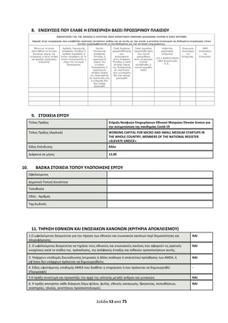Σελίδα 53 από 75 
 
8. ΕΝΙΣΧΥΣΕΙΣ ΠΟΥ ΕΛΑΒΕ Η ΕΠΙΧΕΙΡΗΣΗ ΒΑΣΕΙ ΠΡΟΣΩΡΙΝΟΥ ΠΛΑΙΣΙΟΥ 
 
 
9. ΣΤΟΙΧΕΙΑ ΕΡΓΟΥ 
Τίτλος Πράξης  Στήριξη Νεοφυών Επιχειρήσεων Εθνικού Μητρώου Elevate Greece για 
την αντιμετώπιση της πανδημίας Covid‐19 
Τίτλος Πράξης (Αγγλικά)  WORKING CAPITAL FOR MICRO AND SMALL MEDIUM STARTUPS IN 
THE WHOLE COUNTRY, MEMBERS OF THE NATIONAL REGISTER 
«ELEVATE GREECE» 
Είδος Επένδυσης  Άλλο
Διάρκεια σε μήνες  12,00 
 
10. ΒΑΣΙΚΑ ΣΤΟΙΧΕΙΑ ΤΟΠΟΥ ΥΛΟΠΟΙΗΣΗΣ ΕΡΓΟΥ 
Ωφελούμενος   
Δημοτική‐Τοπική Κοινότητα  
Τοποθεσία   
Οδός ‐ Αριθμός   
Ταχ.Κωδικός   
 
 
 
11. ΤΗΡΗΣΗ ΕΘΝΙΚΩΝ ΚΑΙ ΕΝΩΣΙΑΚΩΝ ΚΑΝΟΝΩΝ (ΚΡΙΤΗΡΙΑ ΑΠΟΚΛΕΙΣΜΟΥ) 
1.Ο ωφελούμενος δεσμεύεται για την τήρηση των εθνικών και ενωσιακών κανόνων περί δημοσιότητας και 
πληροφόρησης; 
ΝΑΙ
2. Ο ωφελούμενος δεσμεύεται να τηρήσει τους εθνικούς και ενωσιακούς κανόνες που αφορούν τις κρατικές 
ενισχύσεις κατά το στάδιο της  πρόσκλησης, της απόφασης ένταξης και πιθανών τροποποιήσεων αυτής; 
ΝΑΙ
3. Υπάρχουν υποδομές διευκόλυνσης (κτιριακές ή άλλες ανάλογα τί απαιτείται) πρόσβασης των ΑΜΕΑ, ή 
εφ’όσον δεν υπάρχουν πρόκειται να δημιουργηθούν;
ΝΑΙ
4. Είδος υφιστάμενης υποδομής ΑΜΕΑ που διαθέτει η επιχείρηση ή που πρόκειται να δημιουργηθεί 
(Περιγραφή) 
‐
5.H πράξη συνεκτιμά και προασπίζει την αρχή της ισότητας μεταξύ ανδρών και γυναικών; ΝΑΙ
6. Η πράξη αποτρέπει κάθε διάκριση λόγω φύλου, φυλής, εθνικής καταγωγής, θρησκείας, πεποιθήσεων, 
αναπηρίας, ηλικίας, γενετήσιου προσανατολισμού;
ΝΑΙ
ΑΔΑ: ΩΞΛΥ46ΜΤΛΡ-ΓΡΛ
 