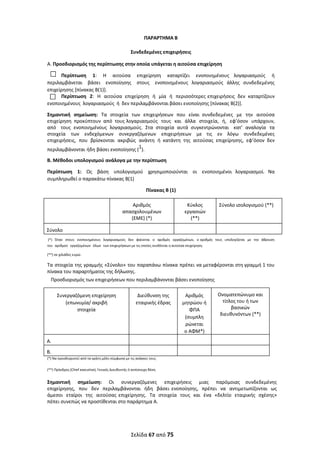  
Σελίδα 67 από 75 
 
ΠΑΡΑΡΤΗΜΑ Β 
 
Συνδεδεμένες επιχειρήσεις 
Α. Προσδιορισμός της περίπτωσης στην οποία υπάγεται η αιτούσα επιχείρηση 
Περίπτωση  1:  Η  αιτούσα  επιχείρηση  καταρτίζει  ενοποιημένους  λογαριασμούς  ή 
περιλαμβάνεται  βάσει  ενοποίησης  στους  ενοποιημένους  λογαριασμούς  άλλης  συνδεδεμένης 
επιχείρησης [πίνακας Β(1)]. 
Περίπτωση  2:  Η  αιτούσα  επιχείρηση  ή  μία  ή  περισσότερες επιχειρήσεις  δεν  καταρτίζουν 
ενοποιημένους  λογαριασμούς  ή  δεν περιλαμβάνονται βάσει ενοποίησης [πίνακας Β(2)]. 
Σημαντική  σημείωση:  Τα  στοιχεία  των  επιχειρήσεων  που  είναι  συνδεδεμένες  με  την  αιτούσα 
επιχείρηση  προκύπτουν  από  τους λογαριασμούς  τους  και  άλλα  στοιχεία,  ή,  εφ’όσον  υπάρχουν, 
από  τους  ενοποιημένους  λογαριασμούς.  Στα  στοιχεία  αυτά  συγκεντρώνονται  κατ’  αναλογία  τα 
στοιχεία  των  ενδεχόμενων  συνεργαζόμενων  επιχειρήσεων  με  τις  εν  λόγω  συνδεδεμένες 
επιχειρήσεις,  που  βρίσκονται  ακριβώς  ανάντη  ή  κατάντη  της  αιτούσας  επιχείρησης,  εφ’όσον  δεν 
περιλαμβάνονται ήδη βάσει ενοποίησης (1). 
Β. Μέθοδοι υπολογισμού ανάλογα με την περίπτωση 
Περίπτωση  1:  Ως  βάση  υπολογισμού  χρησιμοποιούνται  οι  ενοποιημένοι  λογαριασμοί.  Να 
συμπληρωθεί ο παρακάτω πίνακας Β(1) 
Πίνακας Β (1) 
   
Αριθμός 
απασχολουμένων 
(ΕΜΕ) (*) 
Κύκλος 
εργασιών 
(**) 
Σύνολο ισολογισμού (**) 
 
Σύνολο 
 
 (*)  Όταν  στους  ενοποιημένους  λογαριασμούς  δεν  φαίνεται  ο  αριθμός  εργαζομένων,  ο αριθμός  τους  υπολογίζεται  με  την  άθροιση 
του  αριθμού  εργαζομένων  όλων  των επιχειρήσεων με τις οποίες συνδέεται η αιτούσα επιχείρηση. 
(**) σε χιλιάδες ευρώ. 
Τα στοιχεία της γραμμής «Σύνολο» του παραπάνω πίνακα πρέπει να μεταφέρονται στη γραμμή 1 του 
πίνακα του παραρτήματος της δήλωσης. 
Προσδιορισμός των επιχειρήσεων που περιλαμβάνονται βάσει ενοποίησης 
 
Συνεργαζόμενη επιχείρηση 
(επωνυμία/ ακριβή 
στοιχεία 
 
Διεύθυνση της 
εταιρικής έδρας 
Αριθμός 
μητρώου ή 
ΦΠΑ 
(συμπλη 
ρώνεται 
ο ΑΦΜ*)
Ονοματεπώνυμο και 
τίτλος του ή των 
βασικών 
διευθυνόντων (**) 
 
Α. 
 
 
Β. 
 
(*) Να προσδιοριστεί από τα κράτη μέλη σύμφωνα με τις ανάγκες τους.  
(**) Πρόεδρος (Chief executive), Γενικός Διευθυντής ή αντίστοιχη θέση. 
Σημαντική  σημείωση:  Οι  συνεργαζόμενες  επιχειρήσεις  μιας  παρόμοιας  συνδεδεμένης 
επιχείρησης,  που  δεν  περιλαμβάνονται  ήδη  βάσει  ενοποίησης,  πρέπει  να  αντιμετωπίζονται  ως 
άμεσοι  εταίροι  της  αιτούσας επιχείρησης.  Τα  στοιχεία  τους  και  ένα  «δελτίο  εταιρικής  σχέσης» 
πέπει συνεπώς να προστίθενται στο παράρτημα Α. 
ΑΔΑ: ΩΞΛΥ46ΜΤΛΡ-ΓΡΛ
 