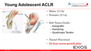 Plano, Texas
Young Adolescent ACLR
• Males 13-15y
• Females 12-14y
• Soft Tissue Grafts
– Autografts!
– Hamstring
– Quadriceps Tendon
• Tunnel Placement
• No bone across growth plate
22
Privileged and Confidential
 