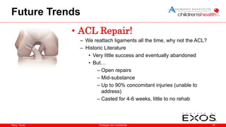 Plano, Texas
Future Trends
• ACL Repair!
– We reattach ligaments all the time, why not the ACL?
– Historic Literature
• Very little success and eventually abandoned
• But…
– Open repairs
– Mid-substance
– Up to 90% concomitant injuries (unable to
address)
– Casted for 4-6 weeks, little to no rehab
26
Privileged and Confidential
 