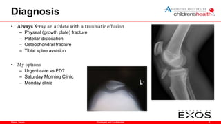 Plano, Texas
Diagnosis
• Always X-ray an athlete with a traumatic effusion
– Physeal (growth plate) fracture
– Patellar dislocation
– Osteochondral fracture
– Tibial spine avulsion
• My options
– Urgent care vs ED?
– Saturday Morning Clinic
– Monday clinic
6
Privileged and Confidential
 