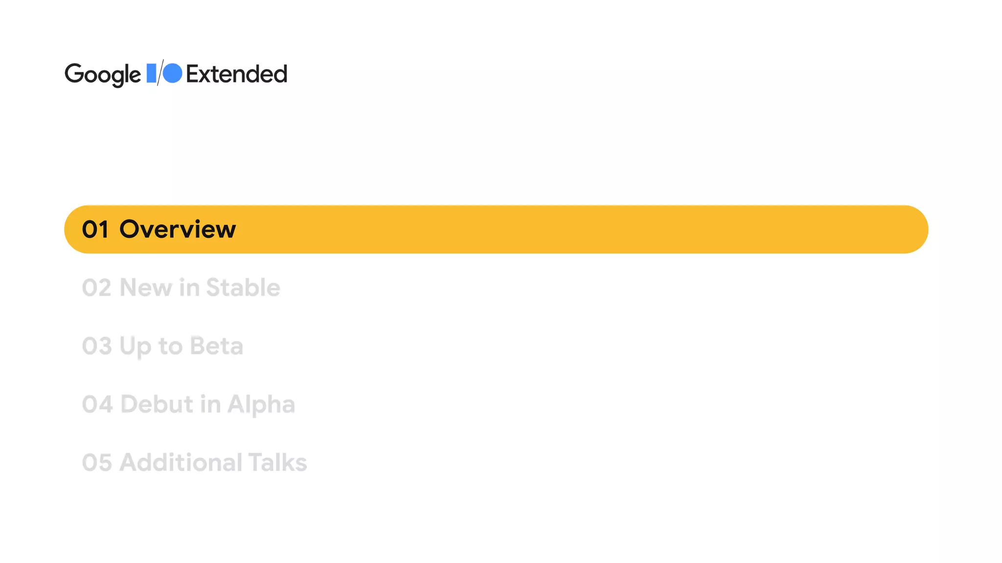02 	New in Stable
01	 Overview
04 Debut in Alpha
05 	Additional Talks
03 	Up to Beta
 