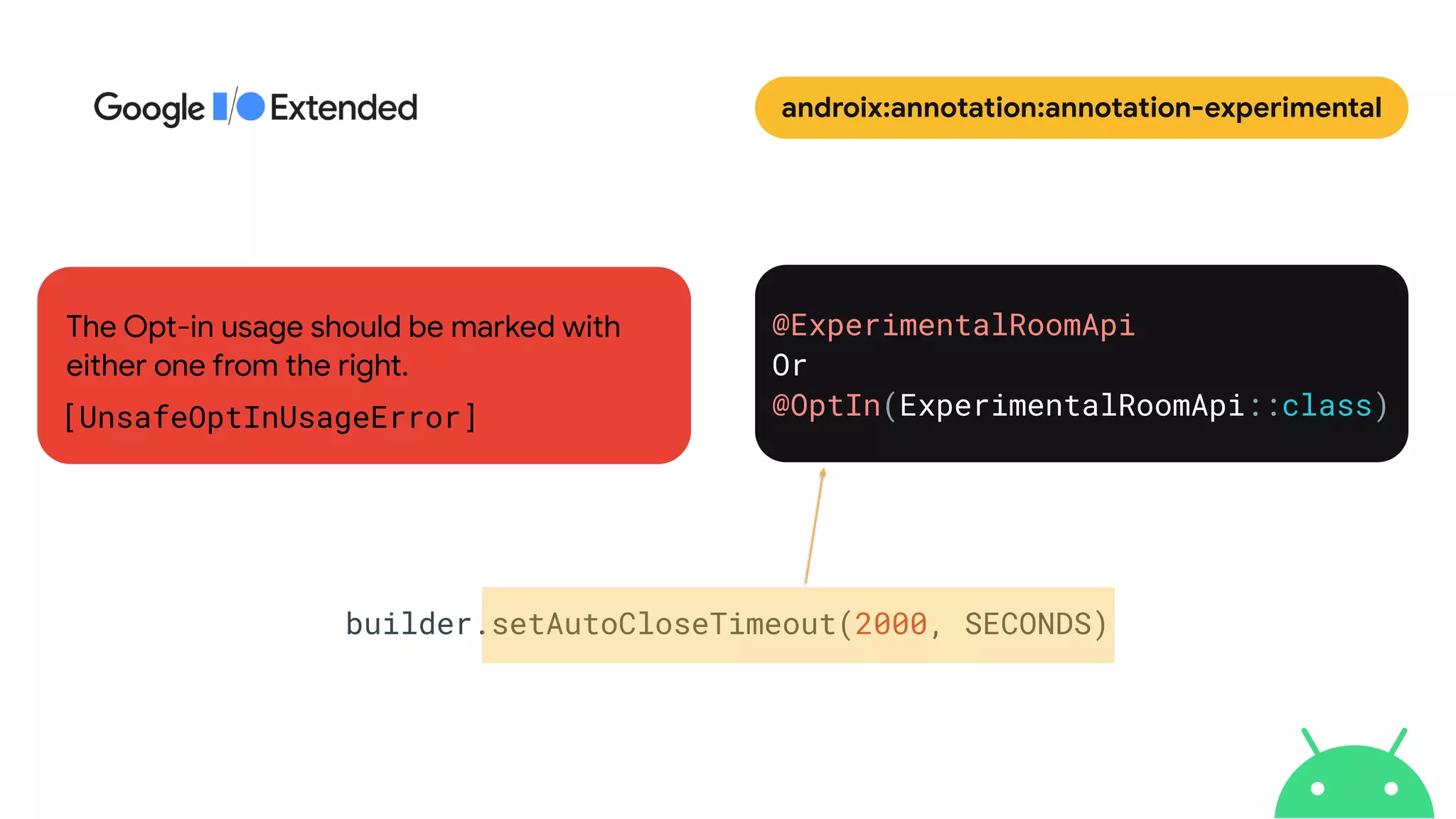 androix:annotation:annotation-experimental
builder.setAutoCloseTimeout(2000, SECONDS)


@ExperimentalRoomApi


Or


@OptIn(ExperimentalRoomApi::class)
The Opt-in usage should be marked with
either one from the right.
 
[UnsafeOptInUsageError]


 