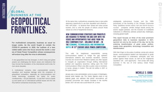 G
L
O
BAL
BUSINESS
AT
T
HE
G
EO
PO
L
IT
ICAL
F
RO
NT
LINES
For multinational companies, business as usual no
longer exists...