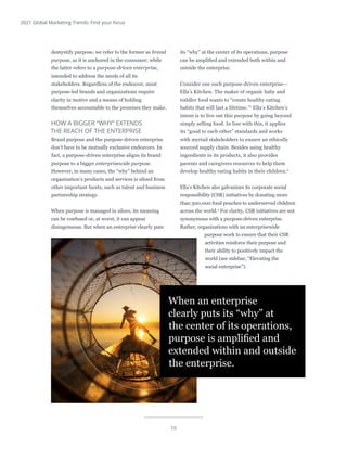 10
2021 Global Marketing Trends: Find your focus
demystify purpose, we refer to the former as brand
purpose, as it is anchored in the consumer; while
the latter refers to a purpose-driven enterprise,
intended to address the needs of all its
stakeholders. Regardless of the endeavor, most
purpose-led brands and organizations require
clarity in motive and a means of holding
themselves accountable to the promises they make.
HOW A BIGGER “WHY” EXTENDS
THE REACH OF THE ENTERPRISE
Brand purpose and the purpose-driven enterprise
don’t have to be mutually exclusive endeavors. In
fact, a purpose-driven enterprise aligns its brand
purpose to a bigger enterprisewide purpose.
However, in many cases, the “why” behind an
organization’s products and services is siloed from
other important facets, such as talent and business
partnership strategy.
When purpose is managed in siloes, its meaning
can be confused or, at worst, it can appear
disingenuous. But when an enterprise clearly puts
its “why” at the center of its operations, purpose
can be amplified and extended both within and
outside the enterprise.
Consider one such purpose-driven enterprise—
Ella’s Kitchen. The maker of organic baby and
toddler food wants to “create healthy eating
habits that will last a lifetime.”1
Ella’s Kitchen’s
intent is to live out this purpose by going beyond
simply selling food. In line with this, it applies
its “good to each other” standards and works
with myriad stakeholders to ensure an ethically
sourced supply chain. Besides using healthy
ingredients in its products, it also provides
parents and caregivers resources to help them
develop healthy eating habits in their children.2
Ella’s Kitchen also galvanizes its corporate social
responsibility (CSR) initiatives by donating more
than 300,000 food pouches to underserved children
across the world.3
For clarity, CSR initiatives are not
synonymous with a purpose-driven enterprise.
Rather, organizations with an enterprisewide
purpose work to ensure that their CSR
activities reinforce their purpose and
their ability to positively impact the
world (see sidebar, “Elevating the
social enterprise”).
When an enterprise
clearly puts its “why” at
the center of its operations,
purpose is amplified and
extended within and outside
the enterprise.
 