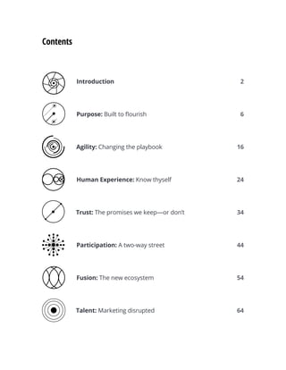Contents
Introduction	 2
Purpose: Built to flourish	 6
Agility: Changing the playbook	 16
Human Experience: Know thyself	 24
Trust: The promises we keep—or don’t	 34
Participation: A two-way street	 44
Fusion: The new ecosystem	 54
Talent: Marketing disrupted	 64
 