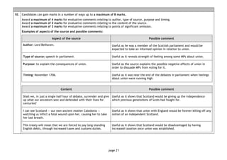 page 21
10. Candidates can gain marks in a number of ways up to a maximum of 8 marks.
Award a maximum of 4 marks for evaluative comments relating to author, type of source, purpose and timing.
Award a maximum of 2 marks for evaluative comments relating to the content of the source.
Award a maximum of 3 marks for evaluative comments relating to points of significant omission.
Examples of aspects of the source and possible comments:
Aspect of the source Possible comment
Author: Lord Belhaven. Useful as he was a member of the Scottish parliament and would be
expected to take an informed opinion in relation to union.
Type of source: speech in parliament. Useful as it reveals strength of feeling among some MPs about union.
Purpose: to explain the consequences of union. Useful as the source explains the possible negative effects of union in
order to dissuade MPs from voting for it.
Timing: November 1706. Useful as it was near the end of the debates in parliament when feelings
about union were running high.
Content Possible comment
Shall we, in just a single half hour of debate, surrender and give
up what our ancestors won and defended with their lives for
centuries?
Useful as it shows that Scotland would be giving up the independence
which previous generations of Scots had fought for.
I can see Scotland — our own ancient mother Caledonia —
watching us inflict a fatal wound upon her, causing her to take
her last breath.
Useful as it shows that union with England would be forever killing off any
notion of an independent Scotland.
This treaty will mean that we are forced to pay long-standing
English debts, through increased taxes and customs duties.
Useful as it shows that Scotland would be disadvantaged by having
increased taxation once union was established.
 