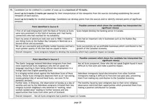 page 30
15. Candidates can be credited in a number of ways up to a maximum of 10 marks.
Award up to 6 marks (3 marks per source) for their interpretation of the viewpoints from the sources (including establishing the overall
viewpoint of each source).
Award up to 6 marks for recalled knowledge. Candidates can develop points from the sources and/or identify relevant points of significant
omission.
Point identified in Source B
Possible comment which shows the candidate has interpreted the
significant view(s)
I first of all took employment with the Bank of Toronto as Scots
were very prominent in this field of business and I had family
connections who had vouched for my suitability.
Scots helped develop the banking sector in Canada.
Soon my sense of adventure took over and in 1864, I moved to
join fellow Scots at the Hudson Bay Company in Montreal as a
second officer and accountant.
Scots had an important role in businesses such as the Hudson Bay
Company.
We set up a successful and profitable lumber business and had a
much greater quality of life than had we stayed in Nairn.
Scots successfully set up profitable businesses which contributed to the
growth of the Canadian economy.
Overall viewpoint — Scots emigrants helped to develop the economy which had a positive impact on Canada.
Point identified in Source C
Possible comment which shows the candidate has interpreted the
significant view(s)
The Gaelic language isolated Hebridean emigrants from their
more experienced Scots neighbours who did not speak the
language resulting in them being offered less employment in a
foreign land than English-speaking Scots.
Not all Scots prospered, those who did not speak English found it more
difficult to find work and make a positive impact.
In a stinging verbal attack against the Hebridean Scots of Nova
Scotia, fellow Scots immigrants depicted them as an ‘oat-eating,
money-griping tribe of second-hand Scots, not even fit for
domestic servants.’
Hebridean immigrants faced discrimination from other Scottish
immigrants making it difficult to find even low paid jobs, preventing
them from making any contribution to the Canadian economy.
Further west, in Killarney, the observation of Sunday as a day of
worship and rest by the Hebridean emigrants irritated their less
religious Scottish neighbours who believed in ‘working, when
worked needed done’ leading to further tensions and less
opportunities than Scots from other parts of Scotland.
The hostility faced by later emigrants due to their strict religious
observance restricted their opportunities which prevented them from
making a positive contribution to Canada.
Overall viewpoint — Not all Scots emigrants had a positive impact on Canada.
 