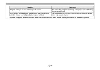 page 36
Key point Explanation
Haig was willing to use new technology such as tanks. The role of Haig using new technology had a pivotal role in defeating
German armed forces.
Scots casualty rates were high, making up 13% of British casualties,
with 26% of those who had joined either injured or killed.
The commitment and trust put in Scottish military units can be seen
in the high casualty figures.
Any other valid point of explanation that meets the criteria described in the general marking instructions for this kind of question.
 