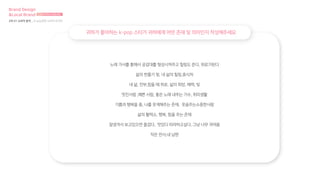 노래 가사를 통해서 공감대를 형성시켜주고 힐링도 준다, 위로가된다
삶의 한줄기 빛, 내 삶의 힐링,휴식처
내 삶, 전부,힘들 때 위로, 삶의 희망, 매력, 빛
멋진사람 ,예쁜 사람, 좋은 노래 내주는 가수, 취미생활
기쁨과 행복을 줌, 나를 웃게해주는 존재, 웃음주는소중한사람
삶의 활력소, 행복, 힘을 주는 존재
잘생겨서 보고있으면 즐겁다, 멋있다 따라하고싶다, 그냥 너무 귀여움
작은 천사,내 남편
귀하가 좋아하는 k-pop 스타가 귀하에게 어떤 존재 및 의미인지 작성해주세요
Brand Design
&Local Brand 브랜드디자인과 로컬브랜드
2차 01 소비자 분석 _ K-pop관련 소비자 리서치
 