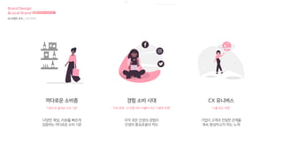 Brand Design
&Local Brand 브랜드디자인과 로컬브랜드
04 트렌드 조사 _ 소비 트렌드
다양한 채널, 리뷰를 빠르게
검증하는 까다로운 소비 기준
각자 겪은 인생의 경험이
인생의 풍요로움의 척도
기업이 고객과 친밀한 관계를
계속 형성하고자 하는 노력
“기본으로 돌아온 소비 기준” “구독 경제 - 산 만큼 대가 지불이 아닌 ‘사용한 만큼’” “나를 찾는 여정”
까다로운 소비층 경험 소비 시대 CX 유니버스
 
