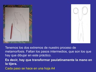 Tenemos los dos extremos de nuestro proceso de
metamorfosis. Faltan los pasos intermedios, que son los que
hay que dibujar en este práctico.
Es decir, hay que transformar paulatinamente la mano en
la tijera.
Cada paso se hace en una hoja A4
 