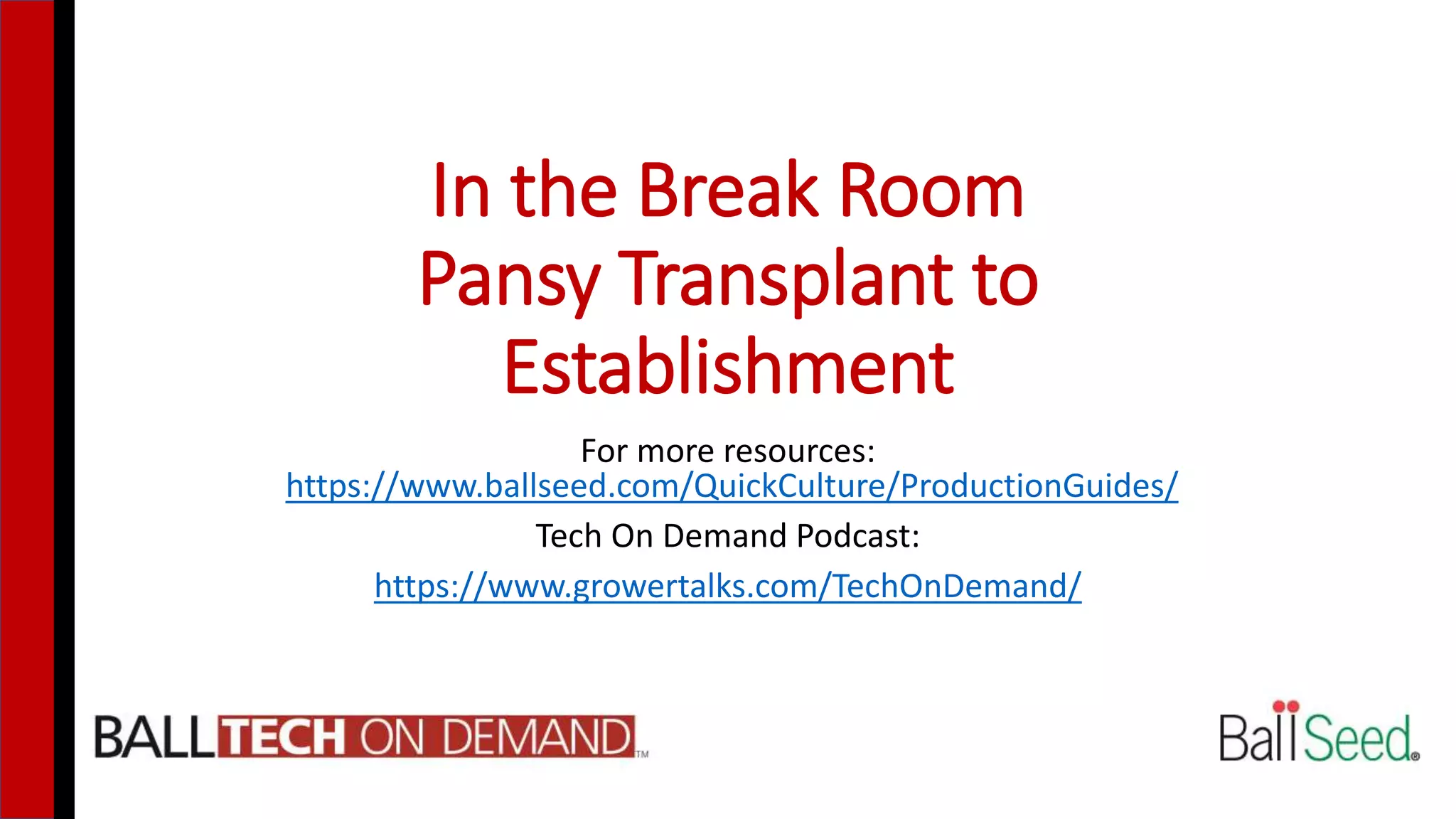In the Break Room
Pansy Transplant to
Establishment
For more resources:
https://www.ballseed.com/QuickCulture/ProductionGuides/
Tech On Demand Podcast:
https://www.growertalks.com/TechOnDemand/
 